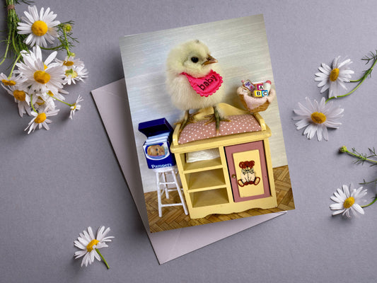 Cute Baby Chick with Bib on Changing Table